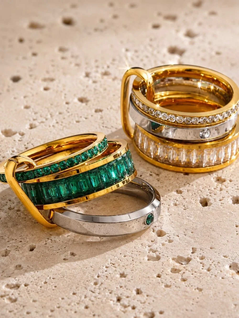 Gold & Silver Tone Ring with Emerald Green Stones